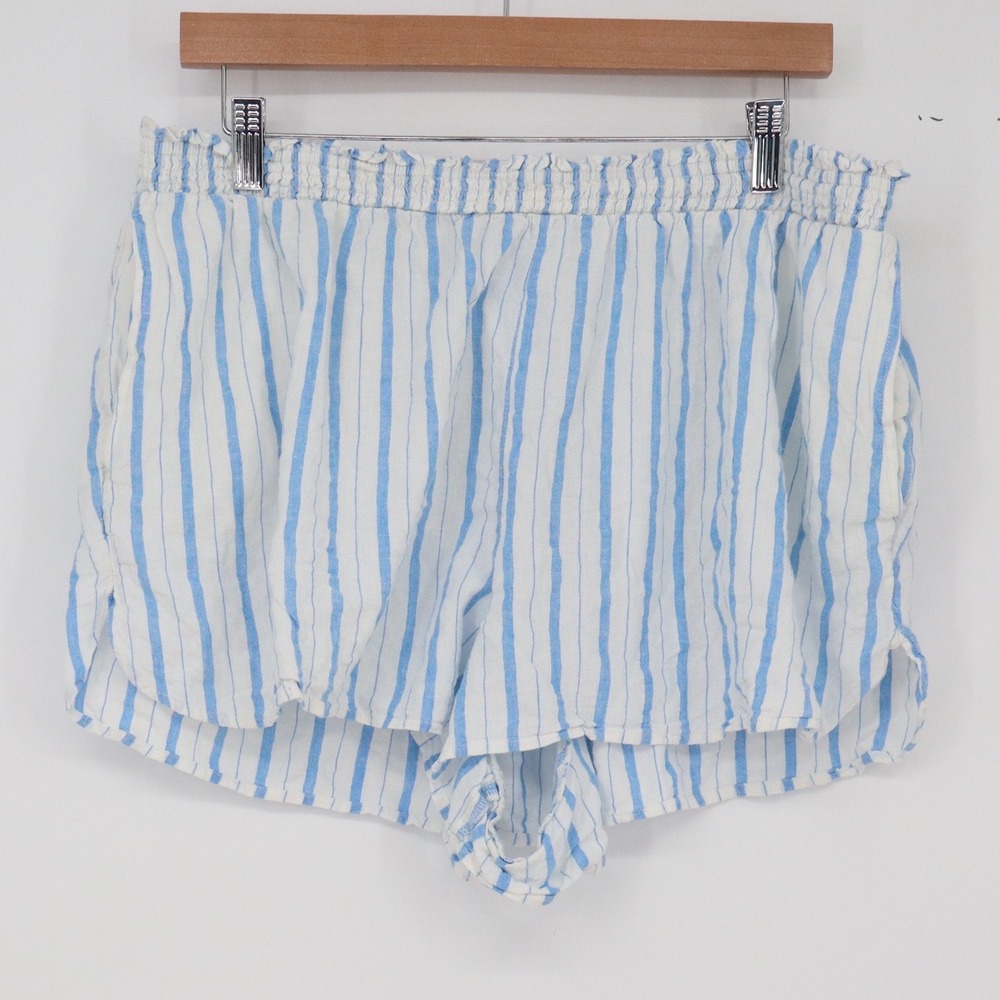 Aerie Linen Shorts Womens XL Striped Blue White Smocked Waist Summer Excellent